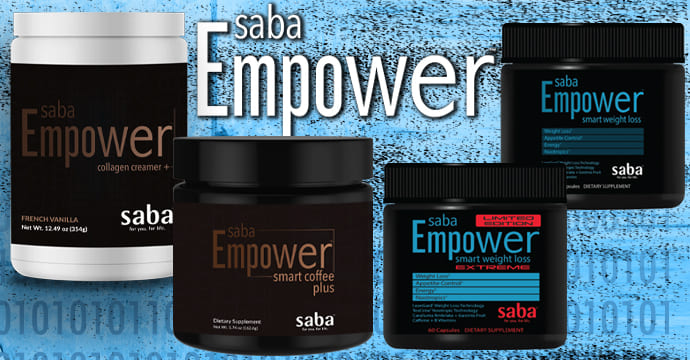 Saba Empower product line including coffee, collagen creamer, and supplements
